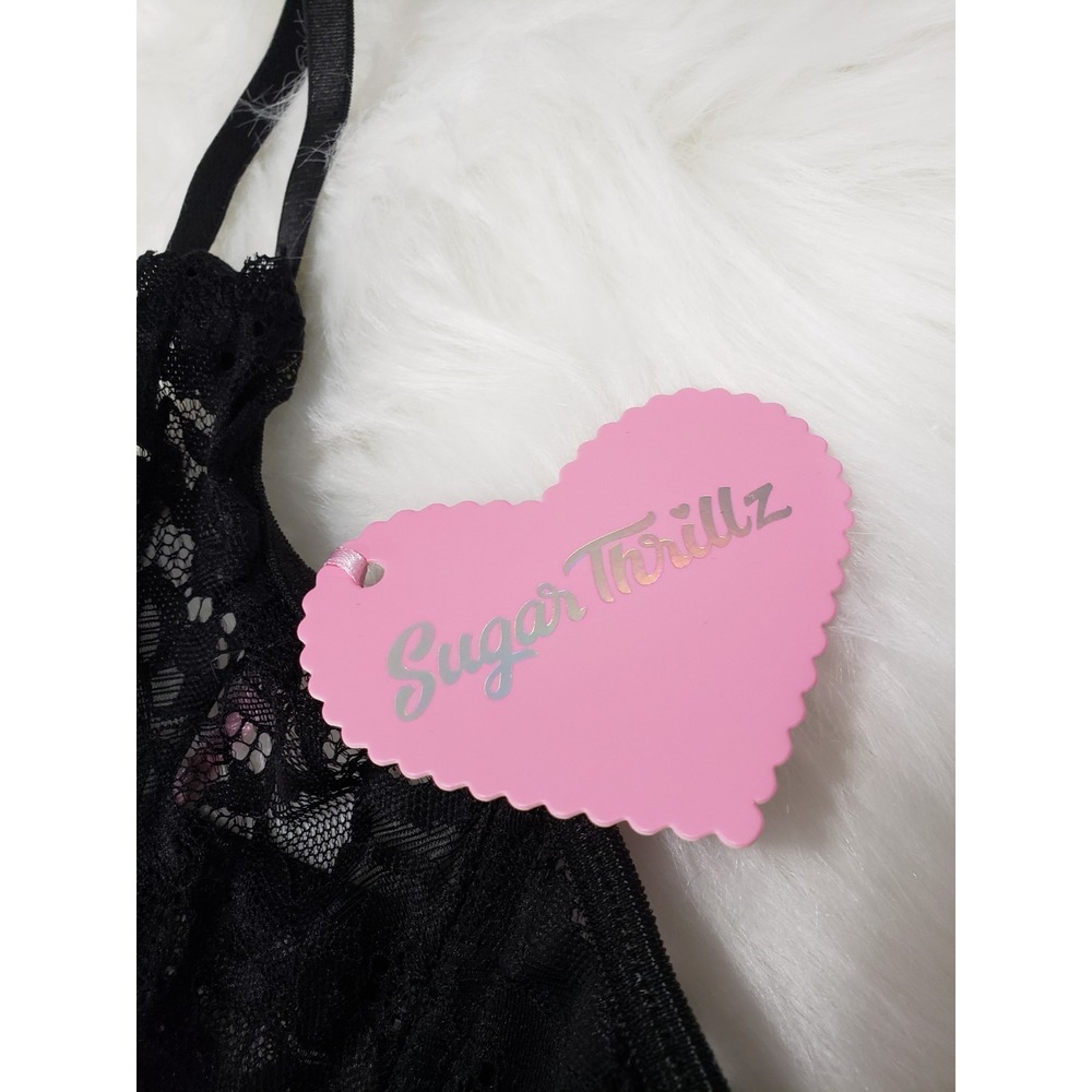 XXL Dolls Kill Sugar Thrillz Lingerie Black lace lingerie bra panty thong set - Picture 3 of 7